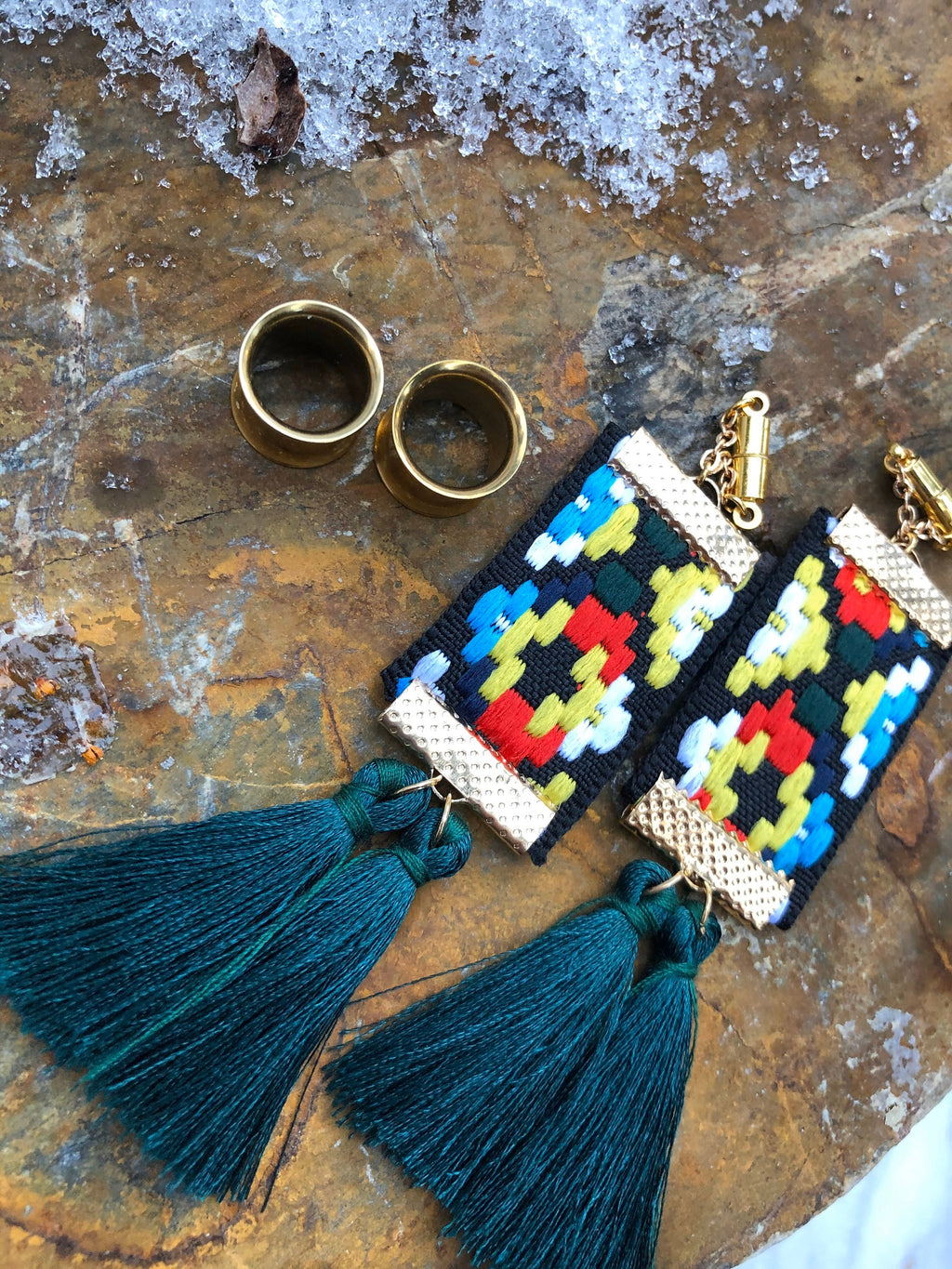 Tassel & Embroidered Fabric Magnetic Clasp Earrings