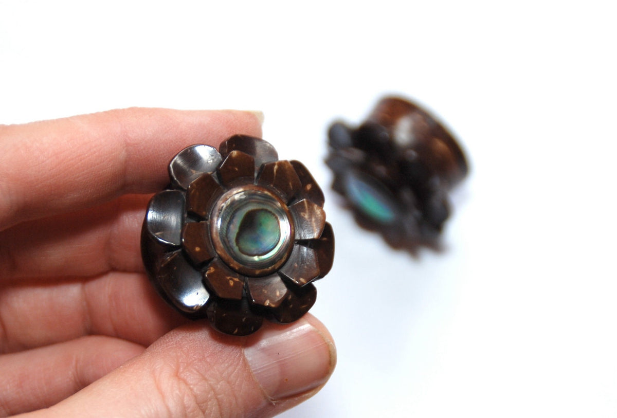 Palm Wood Flower Plugs with Abalone Inlay
