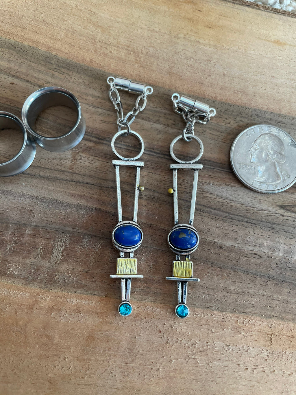 Mixed Metal & Lapis Magnetic Clasp Gauged Earrings