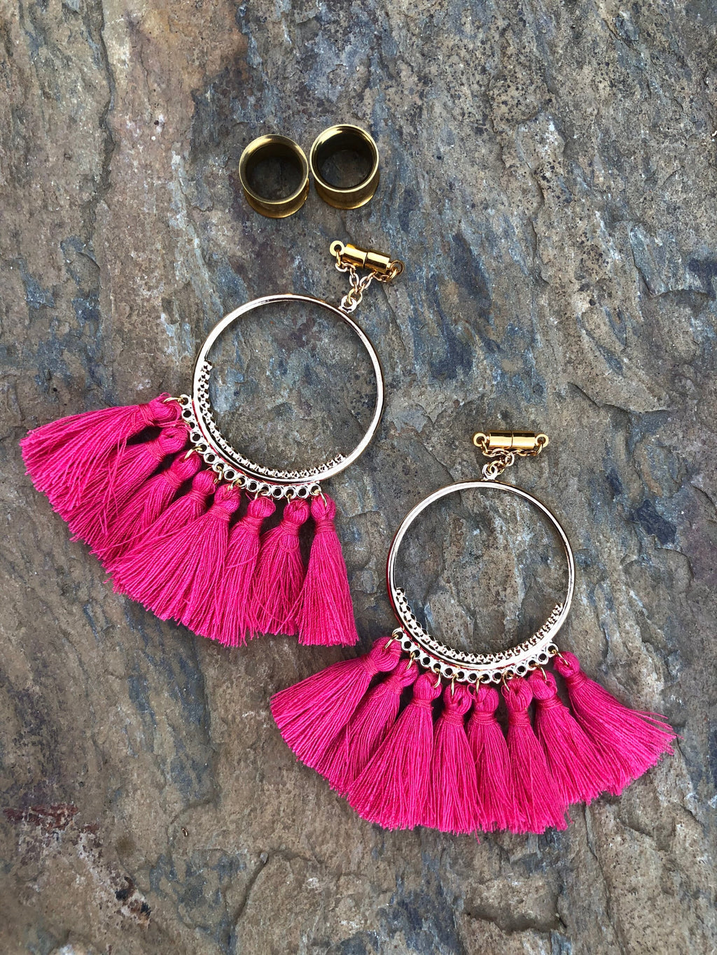 Bright Pink Tassel Magnetic Clasp Gauged Earrings