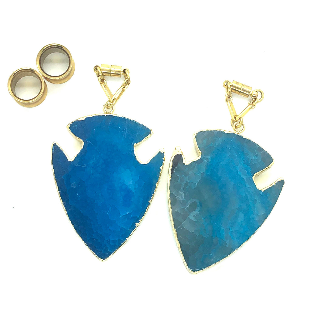 Blue Agate Arrowhead Magnetic Clasp Gauged Earrings