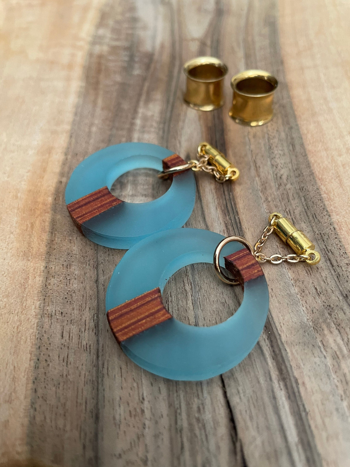 Blue Wood & Resin Magnetic Clasp Earrings