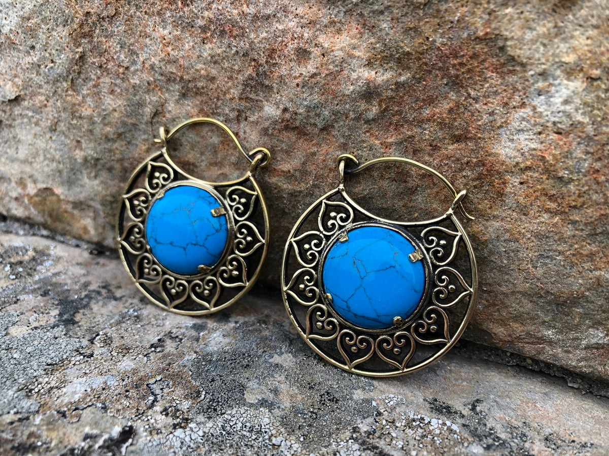 Brass & Turquoise Hoop Earrings – Optional Tunnels