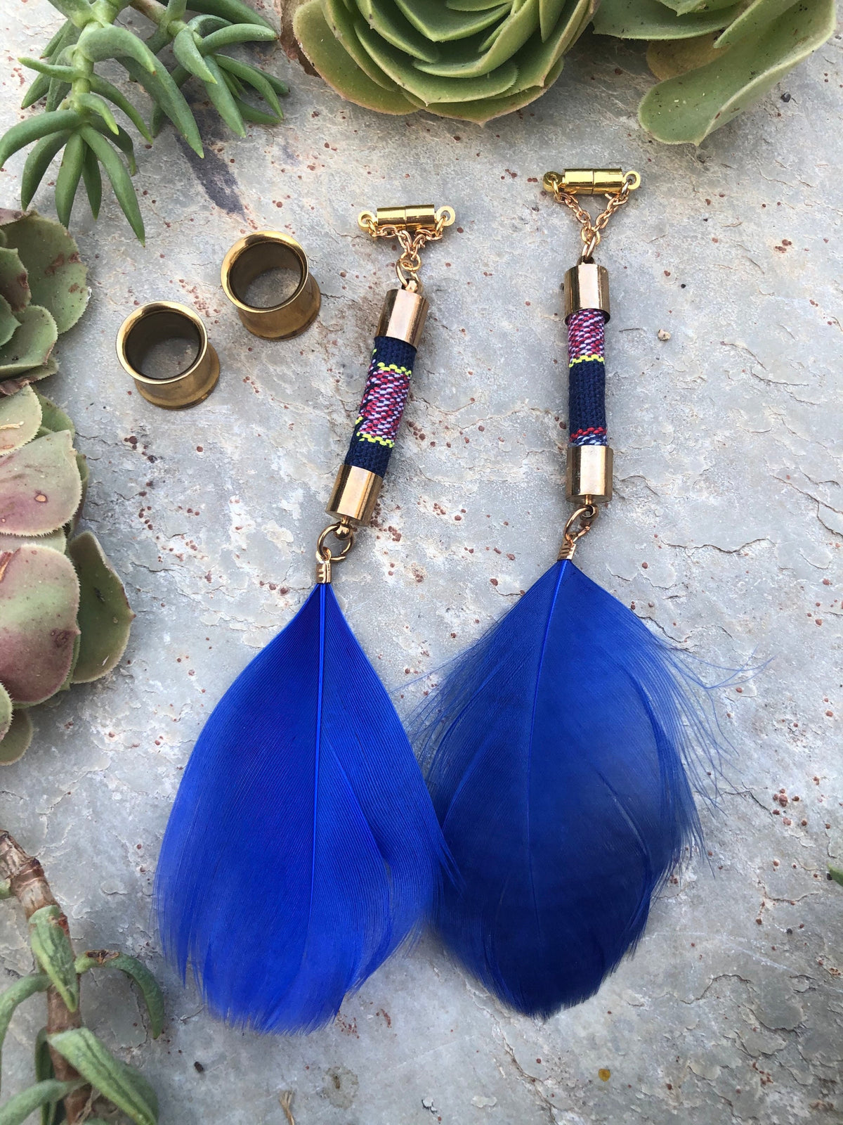 Feather & Woven Fabric Magnetic Clasp Gauged Earrings