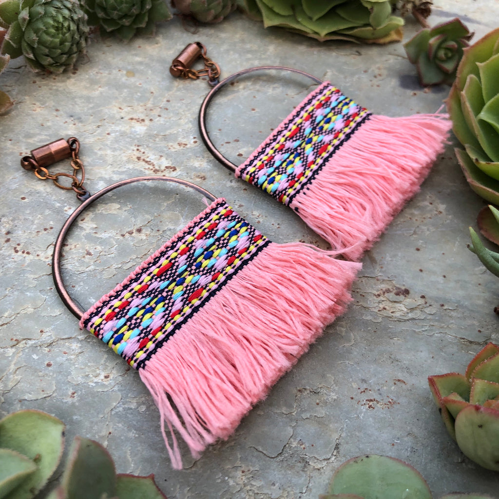 Pink Tassel & Copper Magnetic Clasp Gauged Earrings