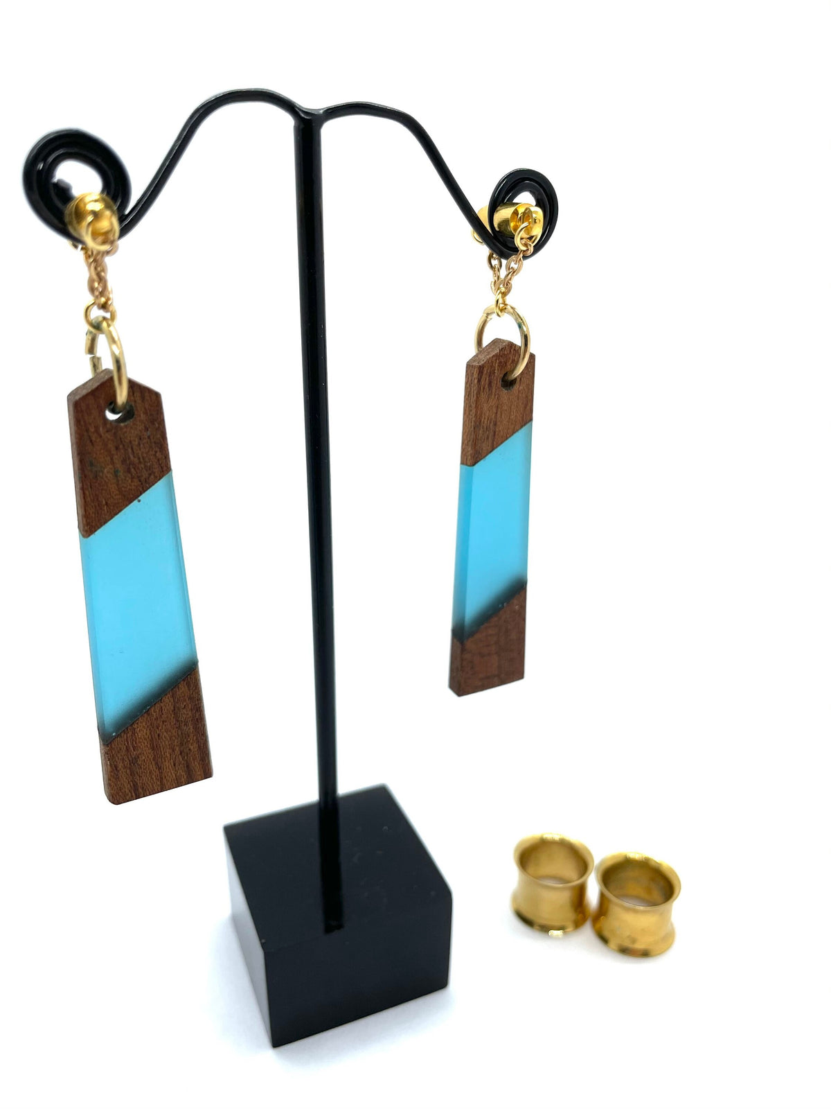 Teal Wood & Resin Magnetic Clasp Gauged Earrings