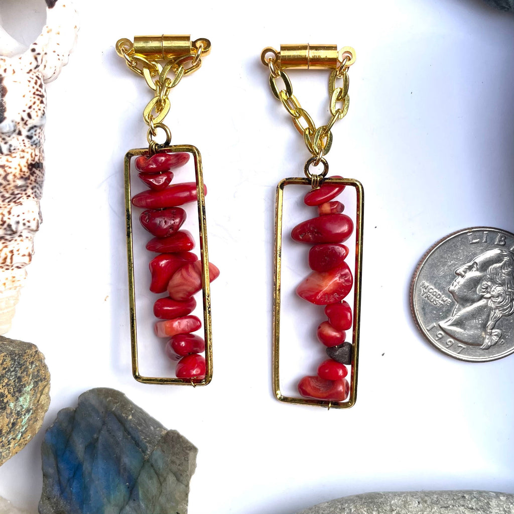 Brass & Coral Magnetic Clasp Gauged Earrings