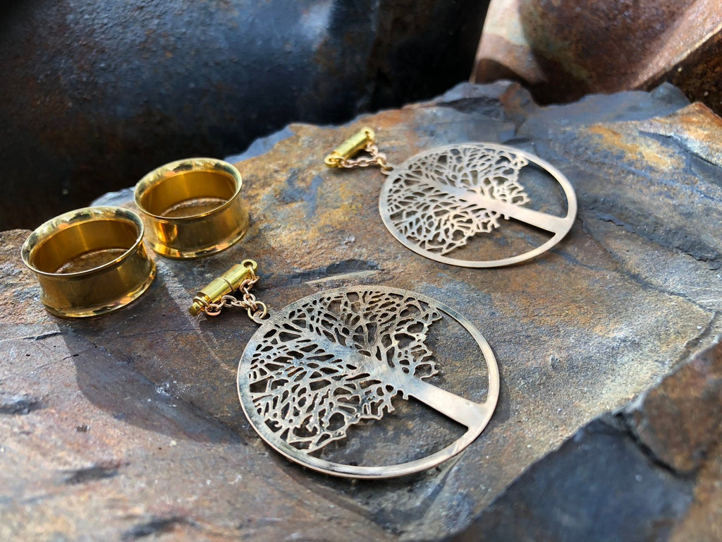 Gold Tree of Life Magnetic Clasp Gauged Earrings
