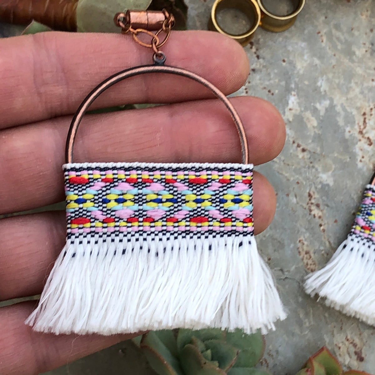 White Tassel & Bronze Magnetic Clasp Gauged Earrings