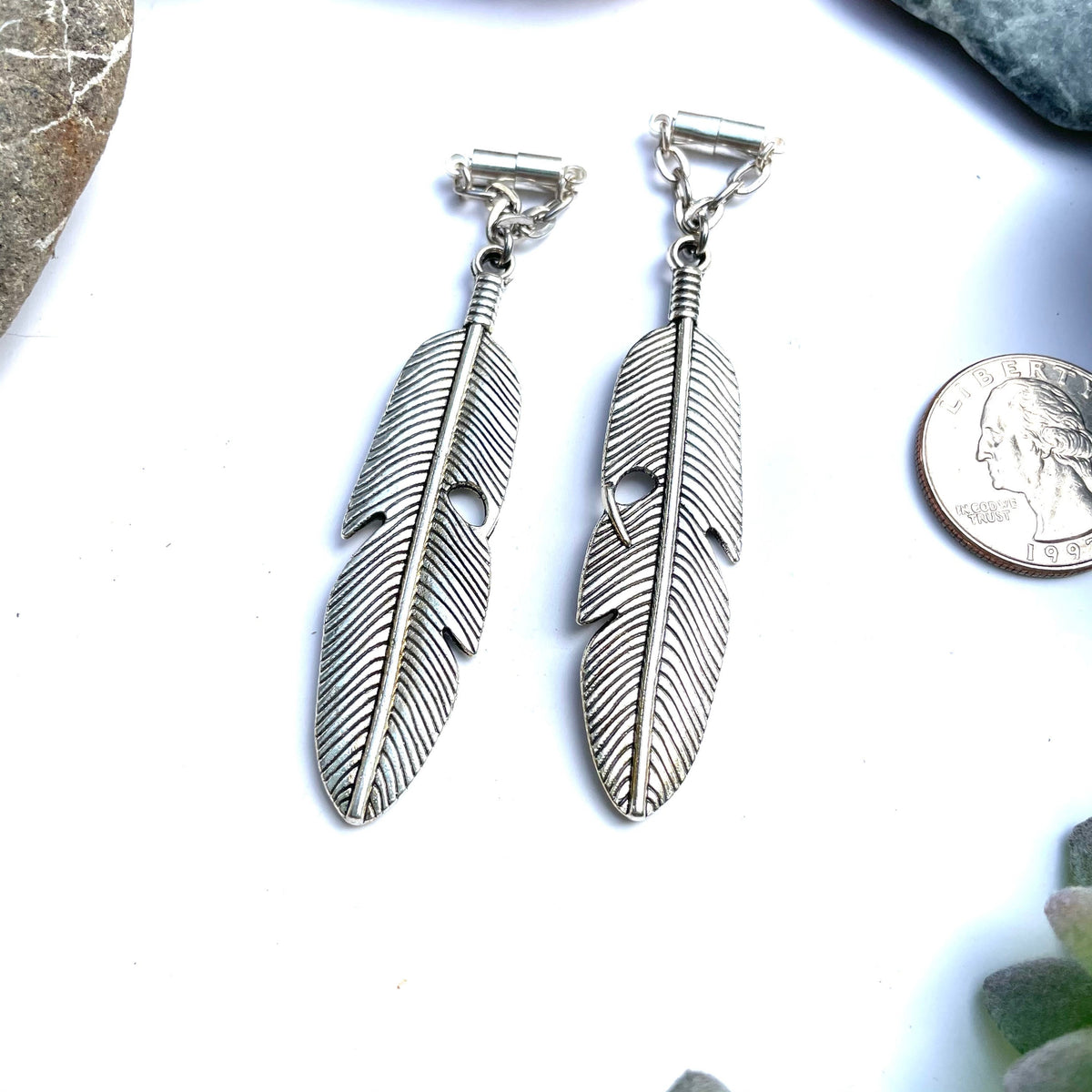 Silver-Tone Brass Feather Magnetic Clasp Earrings