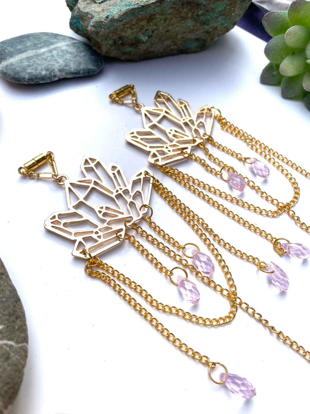 Brass & Crystal Magnetic Clasp Gauged Earrings