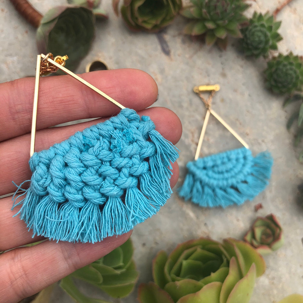 Blue Macramé Tassel Magnetic Clasp Earrings