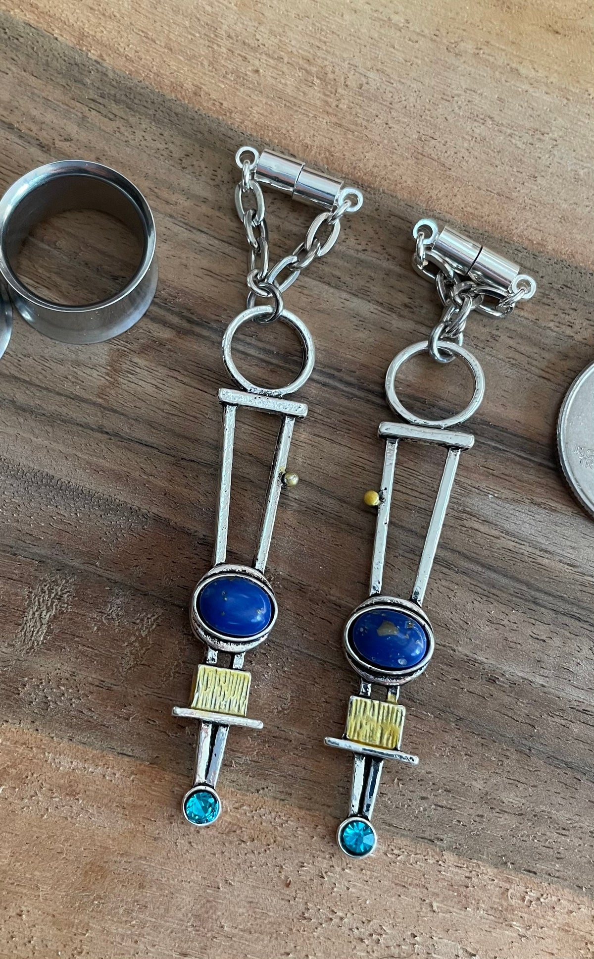 Mixed Metal & Lapis Magnetic Clasp Gauged Earrings
