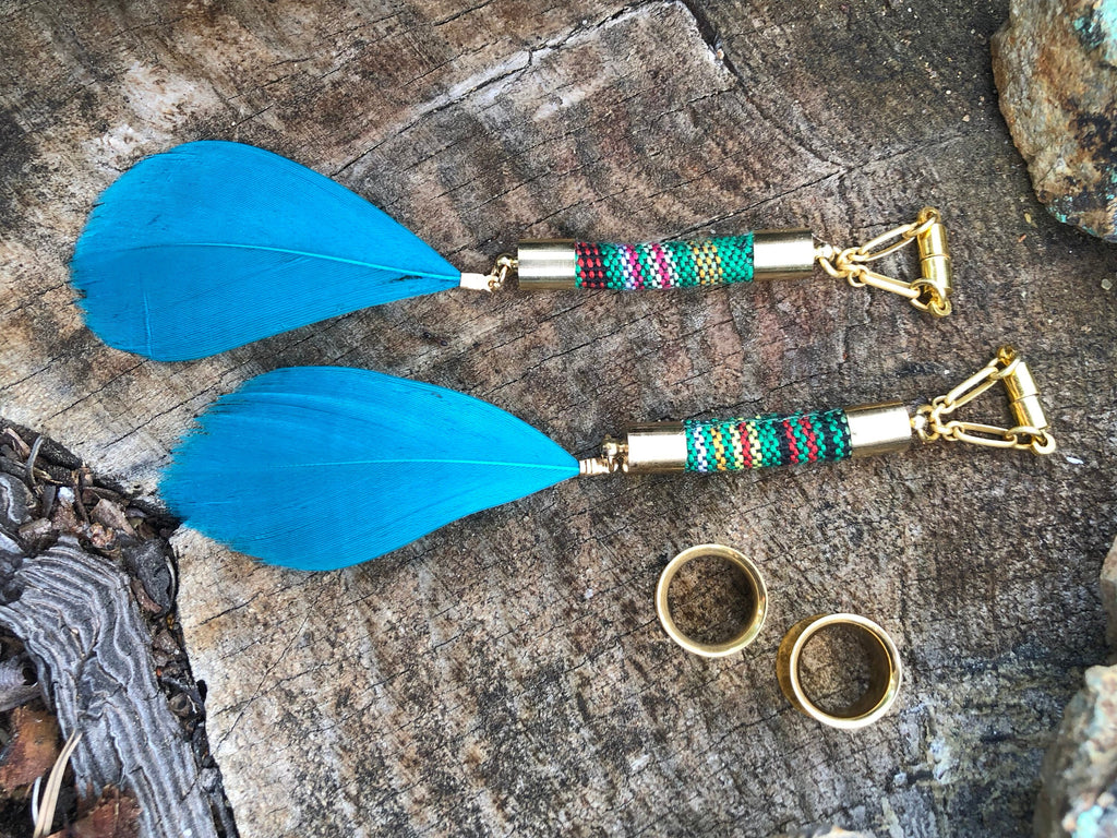Teal Feather Magnetic Clasp Gauged Earrings
