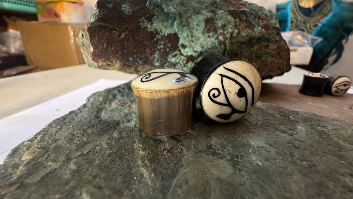 Eye of Ra & Horus Horn Plugs – Bone Inlay