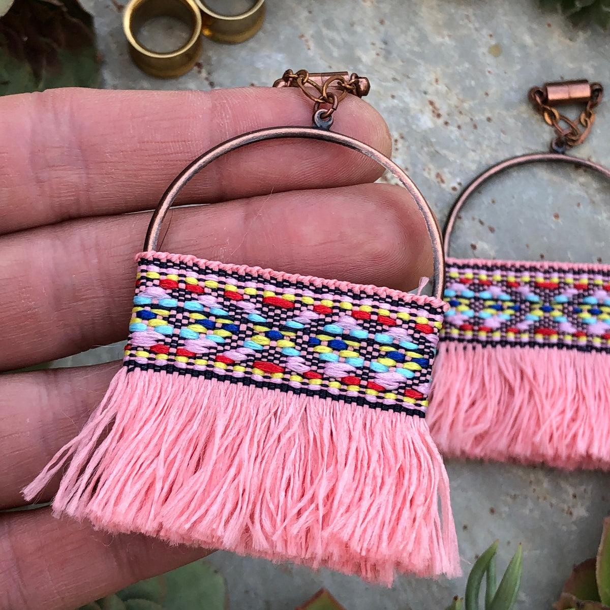 Pink Tassel & Copper Magnetic Clasp Gauged Earrings