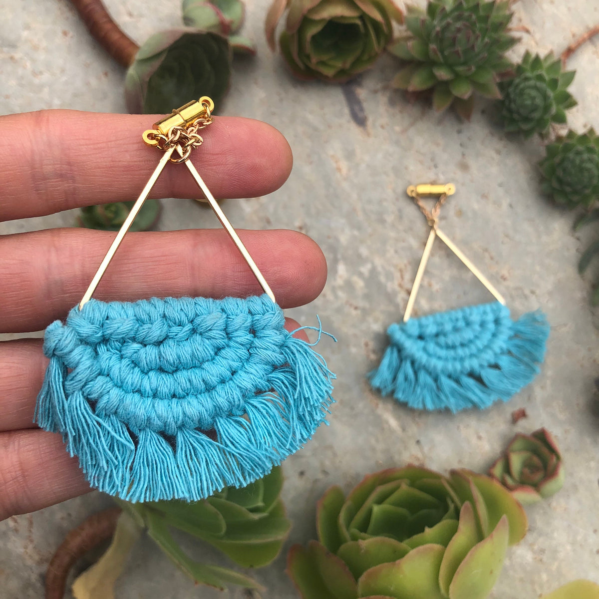 Blue Macramé Tassel Magnetic Clasp Earrings