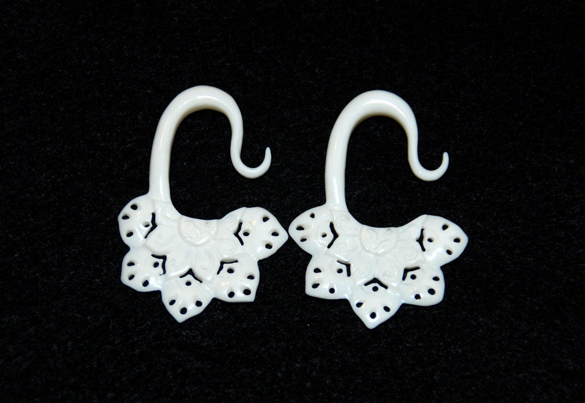 Om Lotus Flower Bone Hanging Gauged Earrings