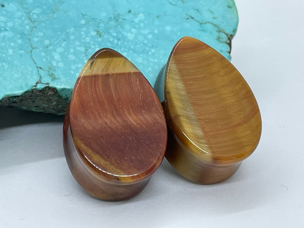 OOAK Red Tiger’s Eye Teardrop Plugs – 7/8" (22mm)