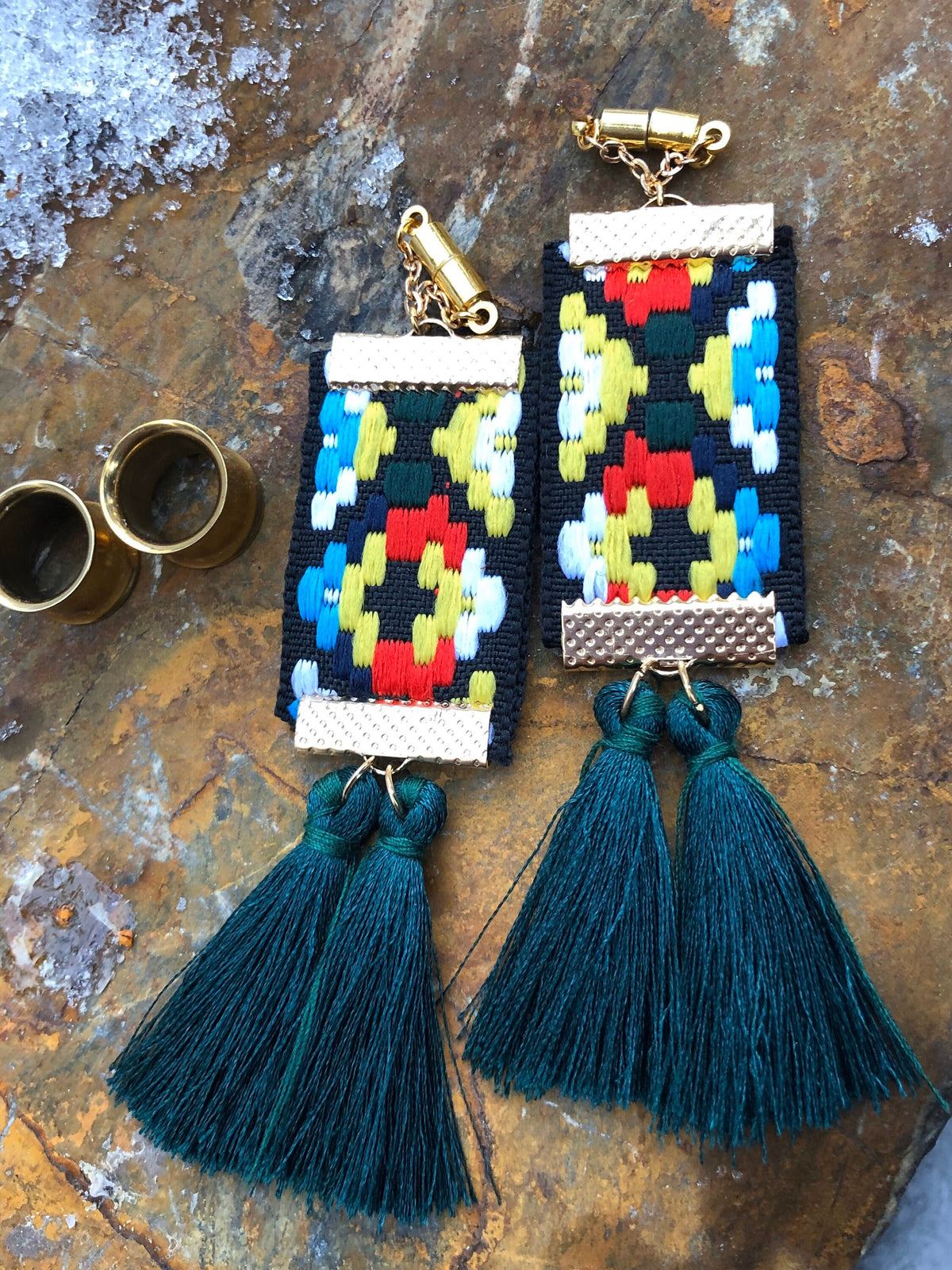 Tassel & Embroidered Fabric Magnetic Clasp Earrings