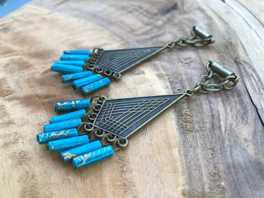 Turquoise & Bronze Magnetic Clasp Gauged Earrings
