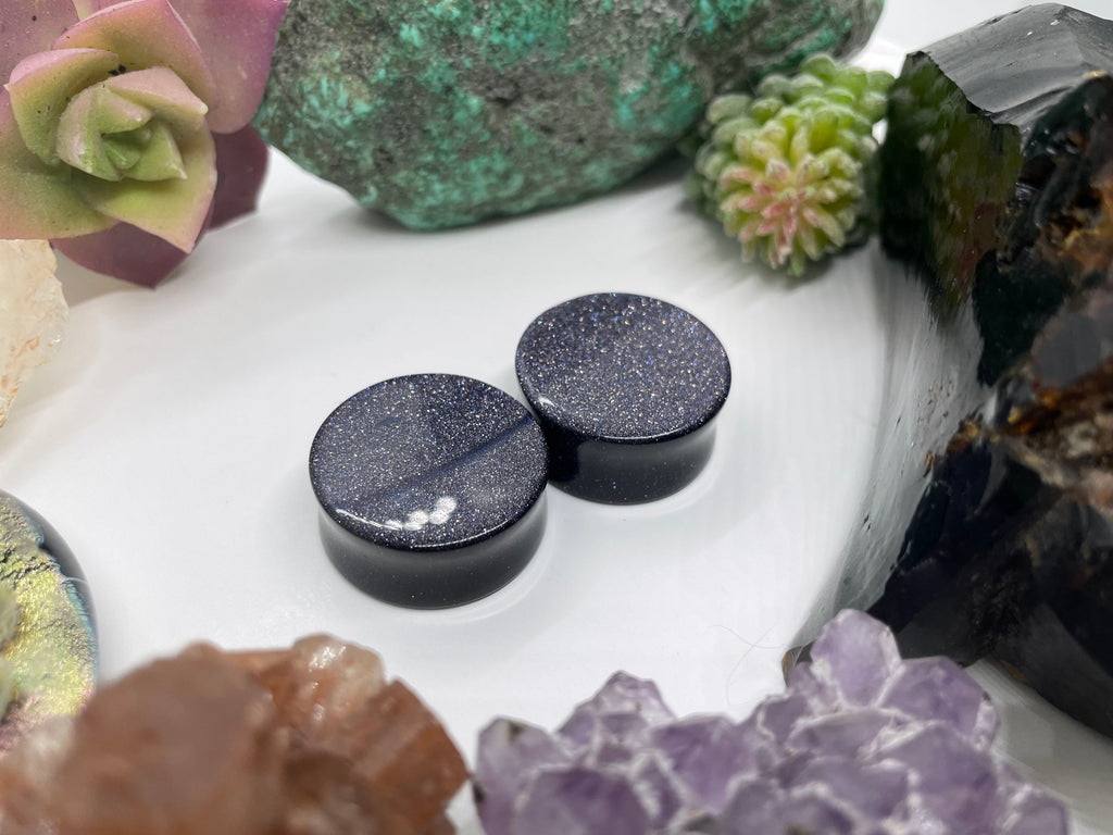 OOAK Blue Goldstone Glass Plugs – 1" (25mm)