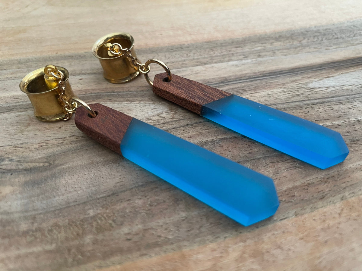 Blue Wood & Resin Magnetic Clasp Tunnel Earrings