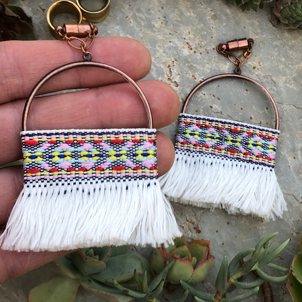 White Tassel & Bronze Magnetic Clasp Gauged Earrings