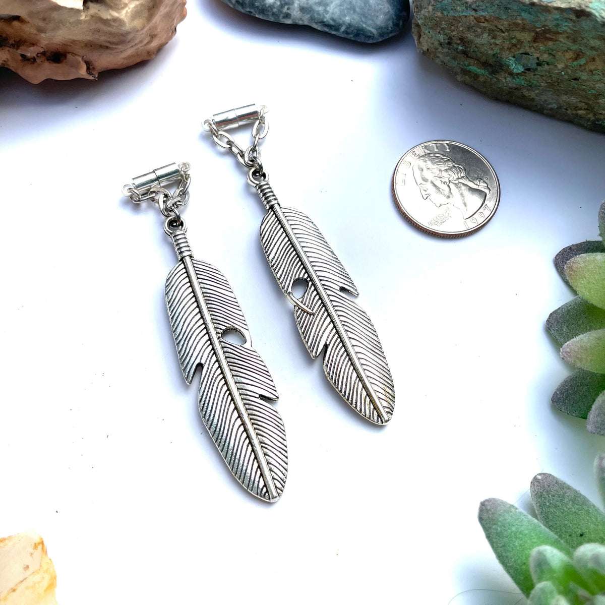 Silver-Tone Brass Feather Magnetic Clasp Earrings