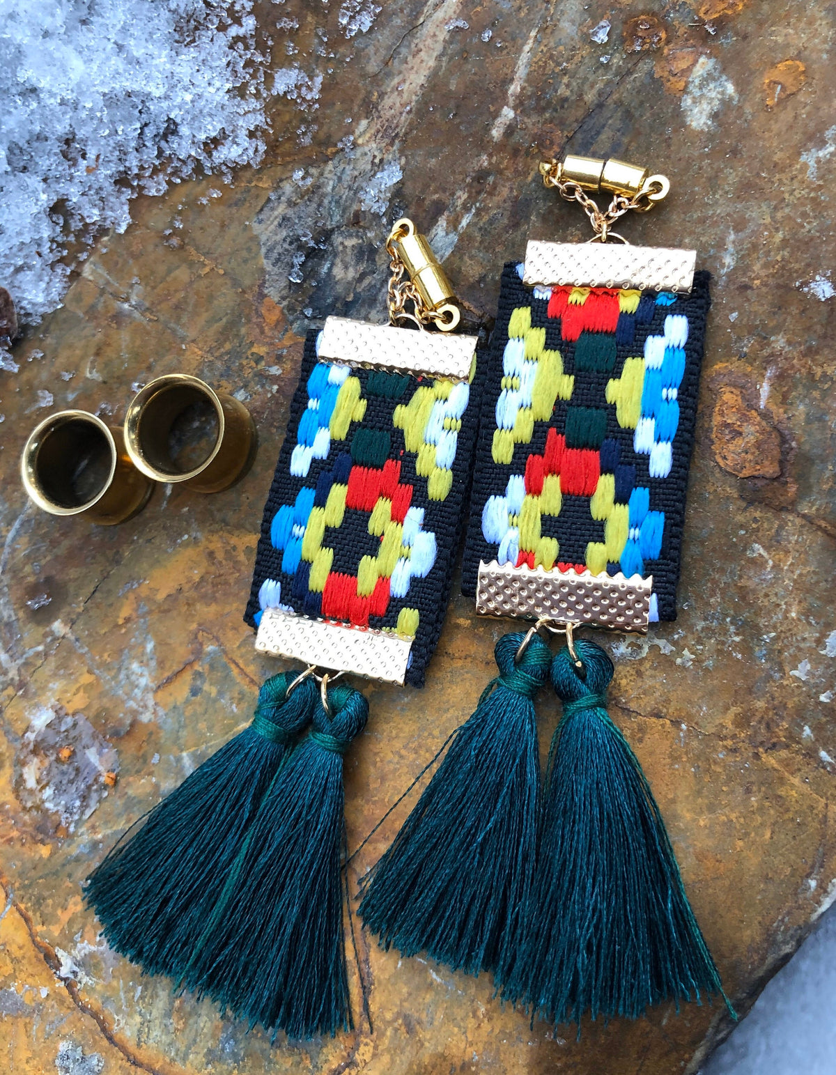 Tassel & Embroidered Fabric Magnetic Clasp Earrings