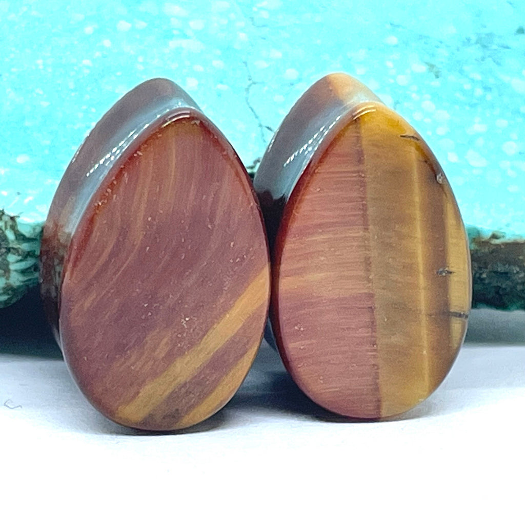 OOAK Red & Brown Tiger’s Eye Teardrop Plugs – 5/8" (16mm)