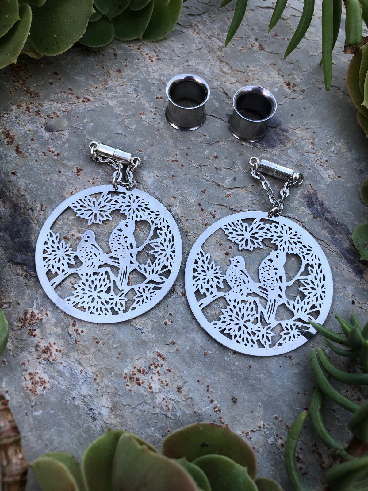 Laser-Cut Bird Magnetic Clasp Gauged Earrings