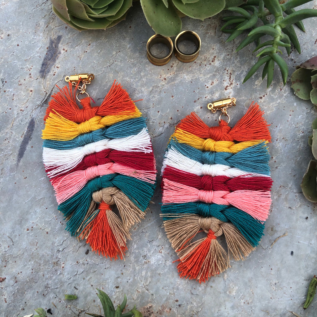 Multicolor Tassel Magnetic Clasp Gauged Earrings