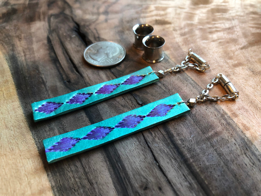 Teal Leather Feather Magnetic Clasp Gauged Earrings