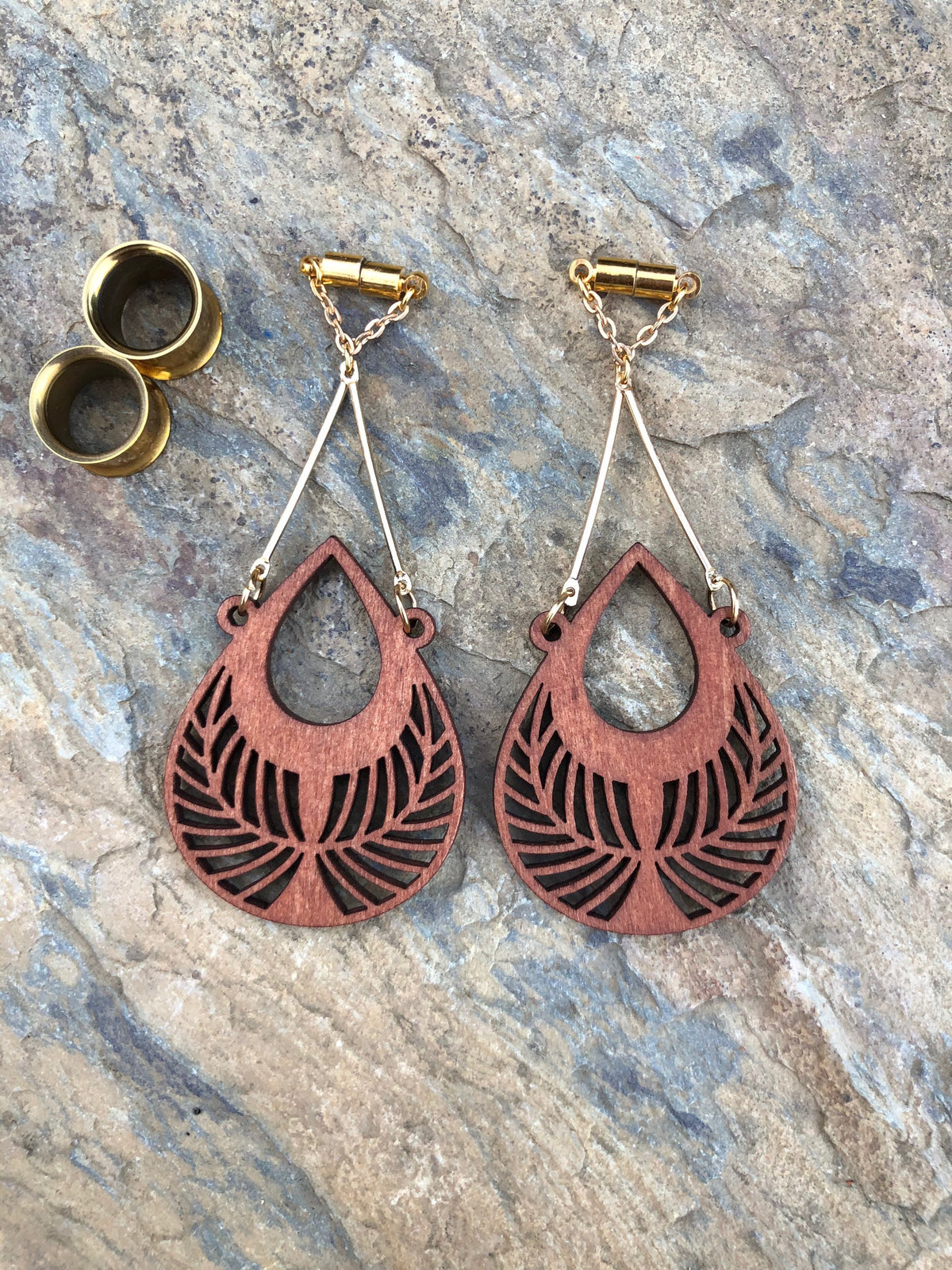 Laser-Cut Wood Magnetic Clasp Gauged Earrings