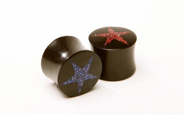 Reversible Ebony Wood Glitter Star Plugs – Red & Blue