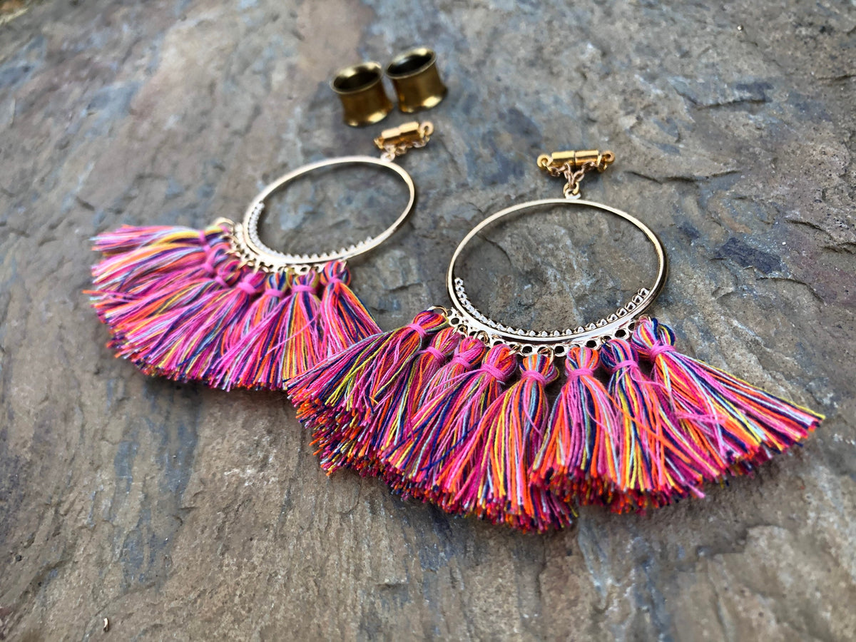Pink Tassel Chandelier Magnetic Clasp Gauged Earrings