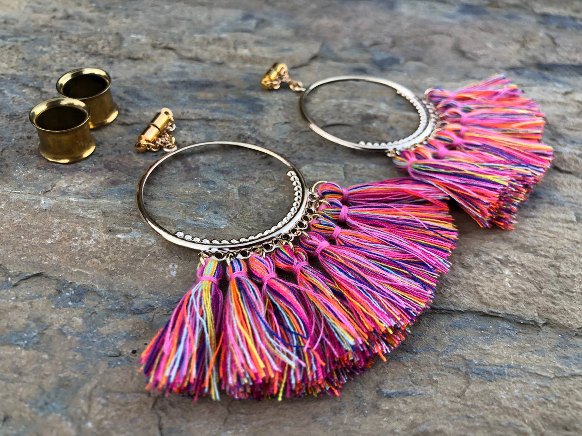 Pink Tassel Chandelier Magnetic Clasp Gauged Earrings