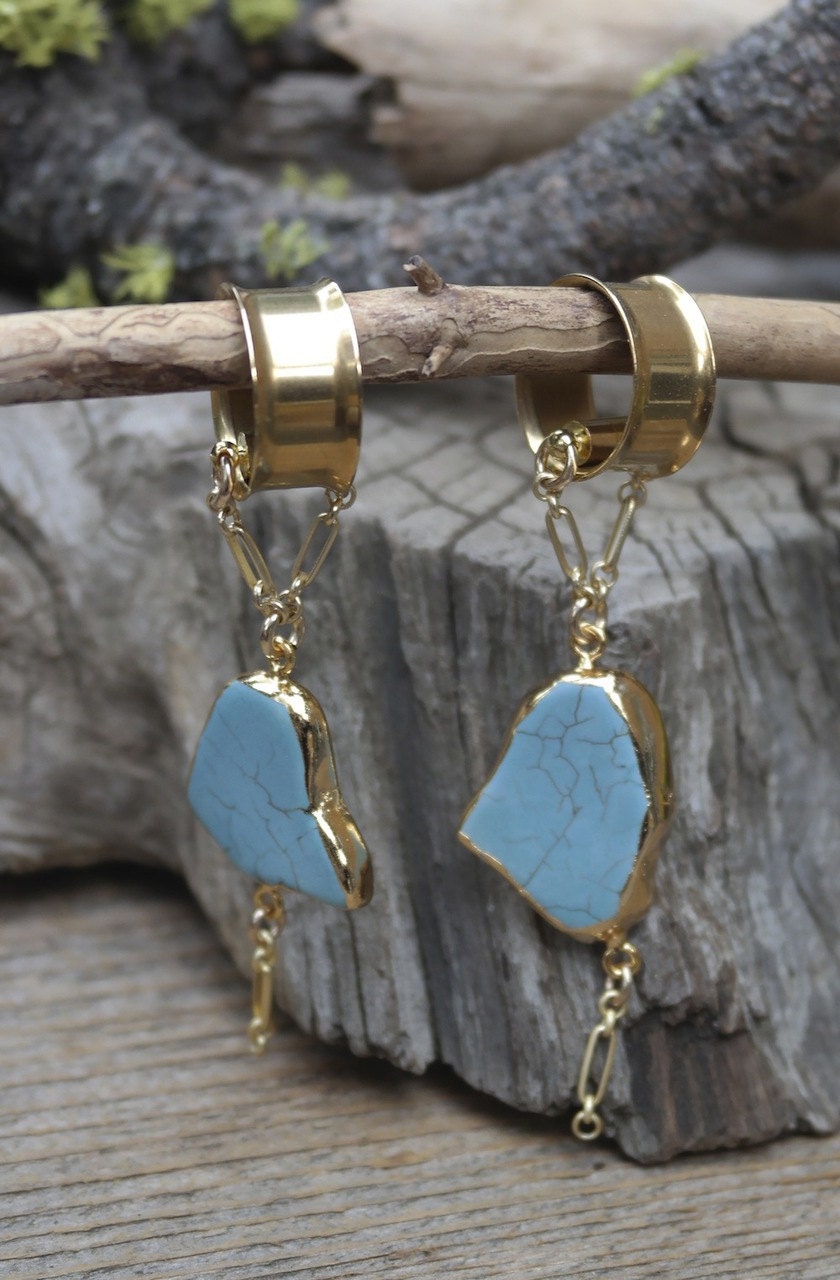 Turquoise & Gold Magnetic Clasp Gauged Earrings