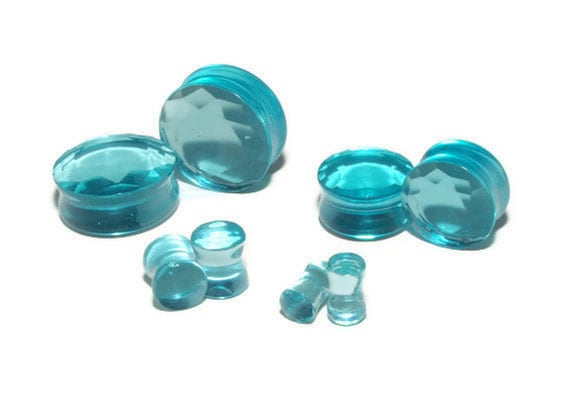 Aquamarine Blue Faceted Glass Plugs – Double Flared