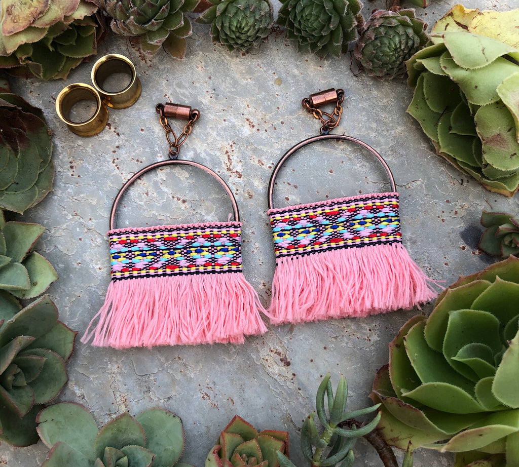 Pink Tassel & Copper Magnetic Clasp Gauged Earrings