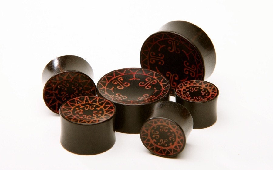 Ebony Wood Red Tribal Inlay Plugs – Double Flared