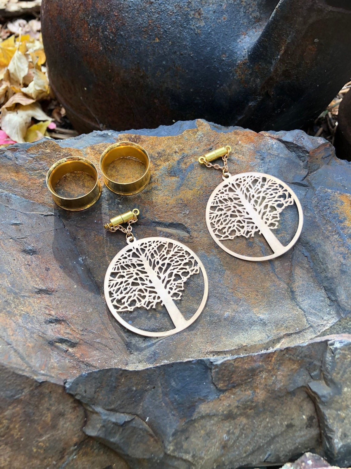 Gold Tree of Life Magnetic Clasp Gauged Earrings