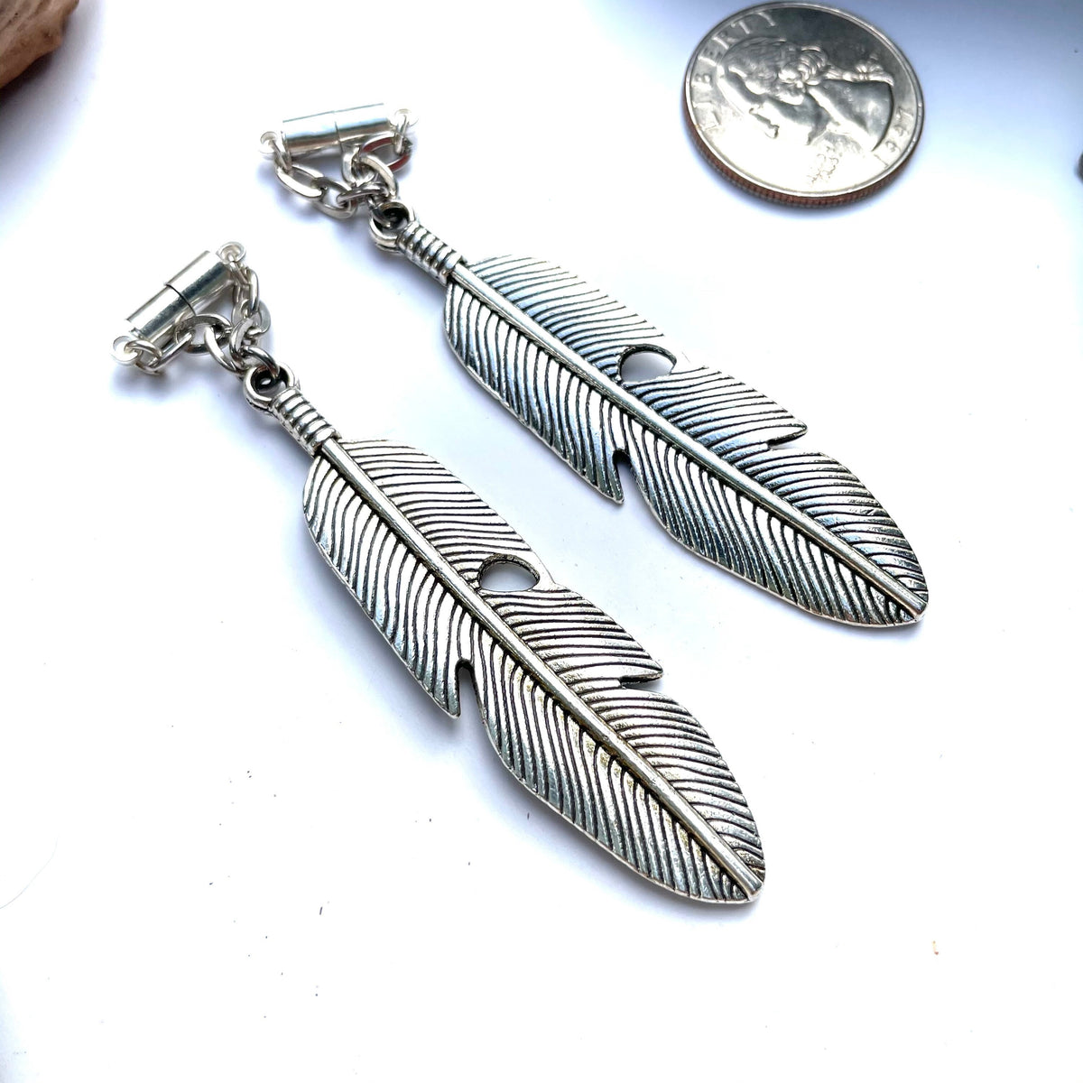 Silver-Tone Brass Feather Magnetic Clasp Earrings