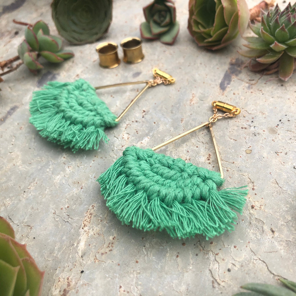 Green Macramé Tassel Magnetic Clasp Gauged Earrings