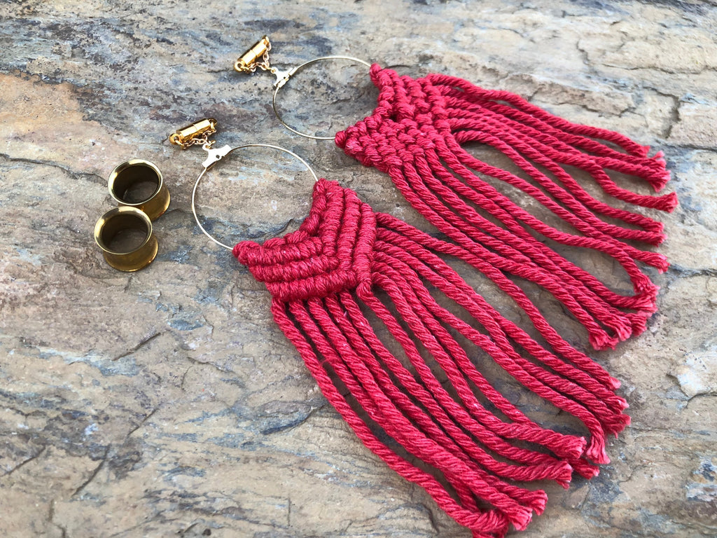 Red Macramé Magnetic Clasp Gauged Earrings