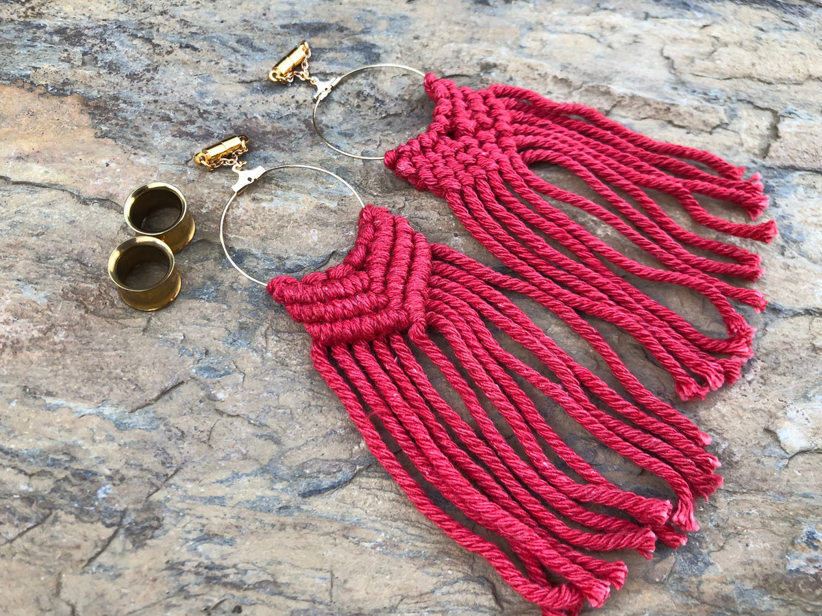 Red Macramé Magnetic Clasp Gauged Earrings