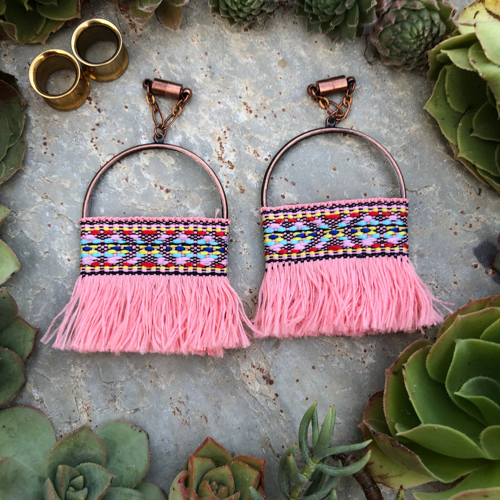 Pink Tassel & Copper Magnetic Clasp Gauged Earrings