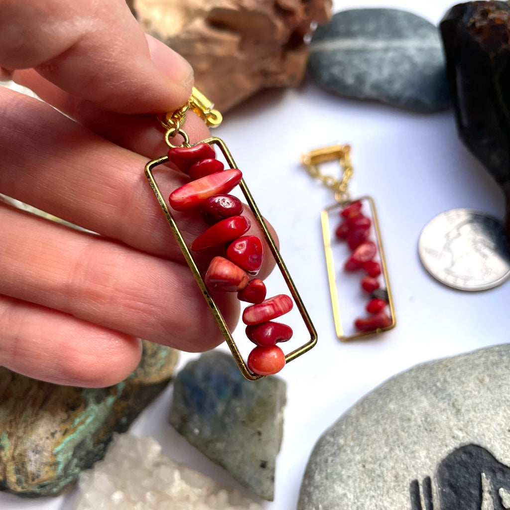 Brass & Coral Magnetic Clasp Gauged Earrings