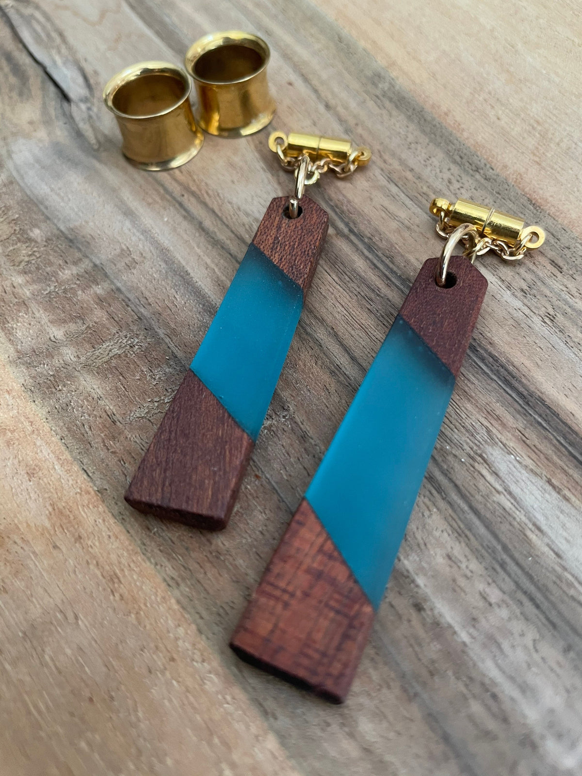 Teal Wood & Resin Magnetic Clasp Gauged Earrings